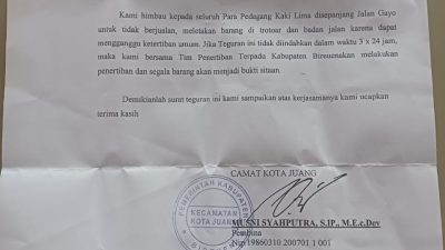 PKL di Jalan Gayo Bireuen Diberi Waktu Tiga Hari untuk Pindah